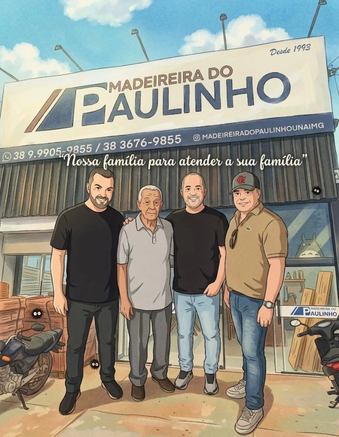 Fachada da Madeireira do Paulinho e família